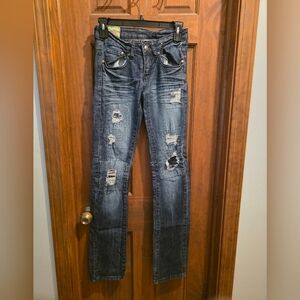 Machine Novella Mode Women's Distressed Dark Blue Slim Straight Jeans With Rips